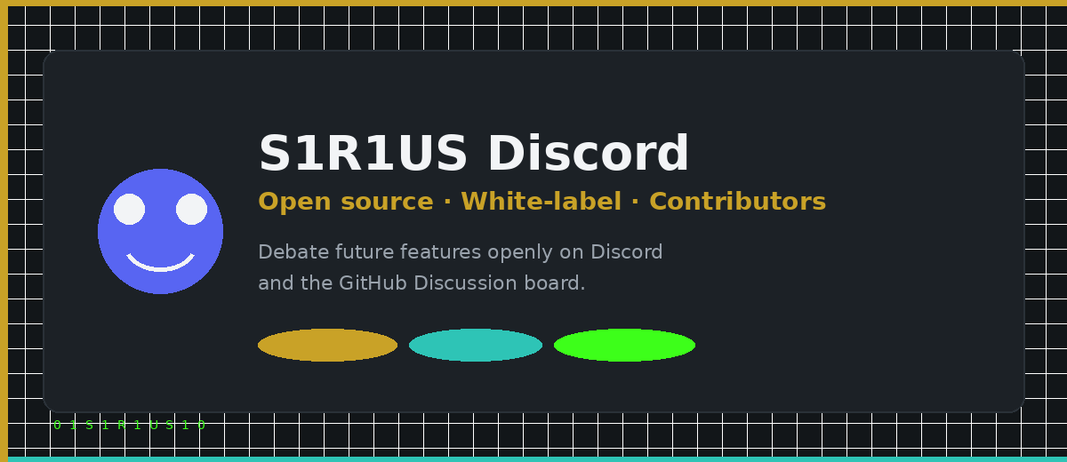 S1R1US Discord hero — open source, white-label integrations, contributors welcome