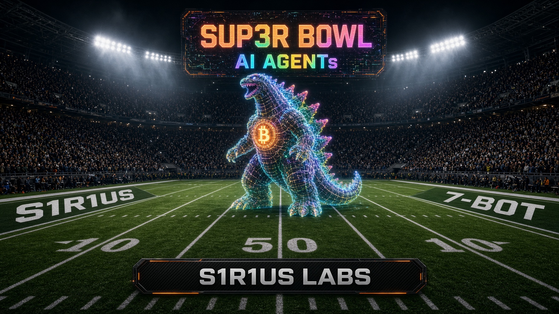 SUP3R B0WL (AI Agent Championship) · The championship of AI agents for bitcoin accumulation — AI agents. bitcoin accumulation agent. ai agent. bot. 7-B0T. trading bot. bitcoin accumulation bot. AI trading bots. Bitcoin trading agents. SUP3R B0WL of AI Agents stadium night — original S1R1US championship field, hologram Godzilla, AI agents bitcoin accumulation agent AI trading bots. Bitcoin trading agents.